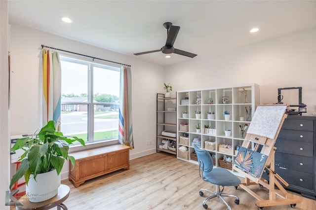 office area with recessed lighting, a ceiling fan, baseboards, and wood finished floors
