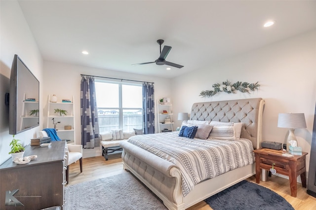 bedroom featuring recessed lighting, ceiling fan, and light wood-type flooring