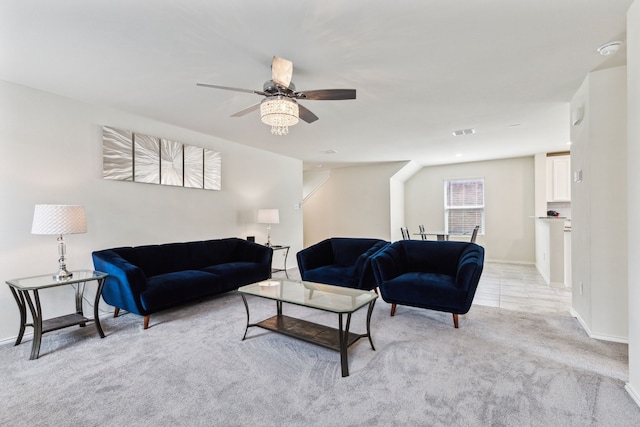 1510 Vega Dr, Forney, TX 75126 - living area with light colored carpet, ceiling fan, visible vents, and baseboards