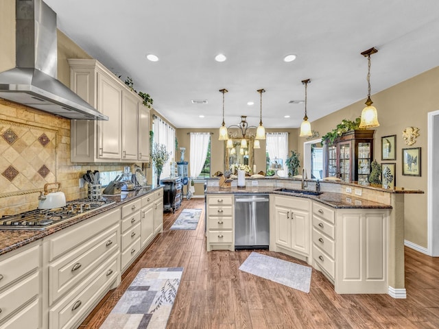 kitchen with backsplash, wood finished floors, a sink, stainless steel appliances, and wall chimney exhaust hood