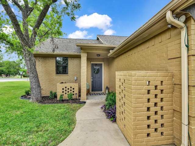 doorway to property featuring roof with shingles, a yard, and brick siding