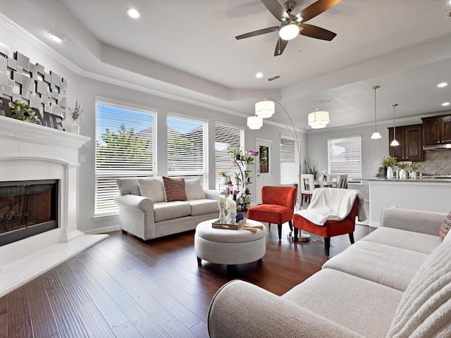 living area featuring visible vents, recessed lighting, a raised ceiling, and ceiling fan