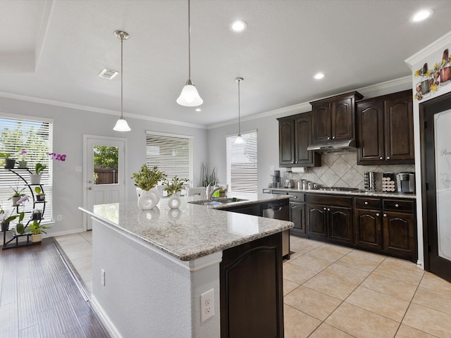 kitchen featuring dark brown cabinets, visible vents, a wealth of natural light, and tasteful backsplash