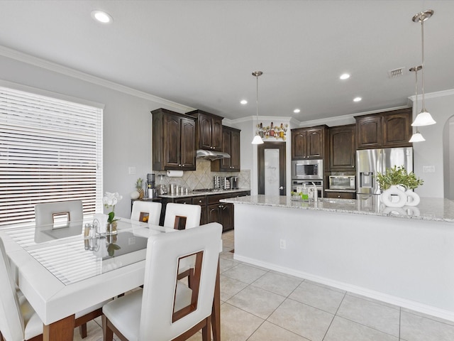 dining space featuring crown molding, recessed lighting, visible vents, and light tile patterned floors