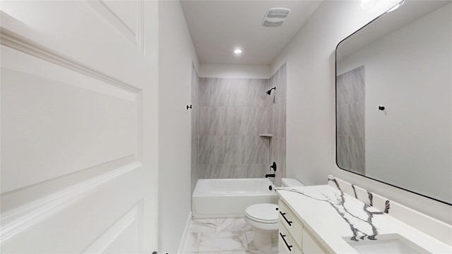 bathroom featuring vanity, marble finish floor, shower / bathtub combination, toilet, and recessed lighting