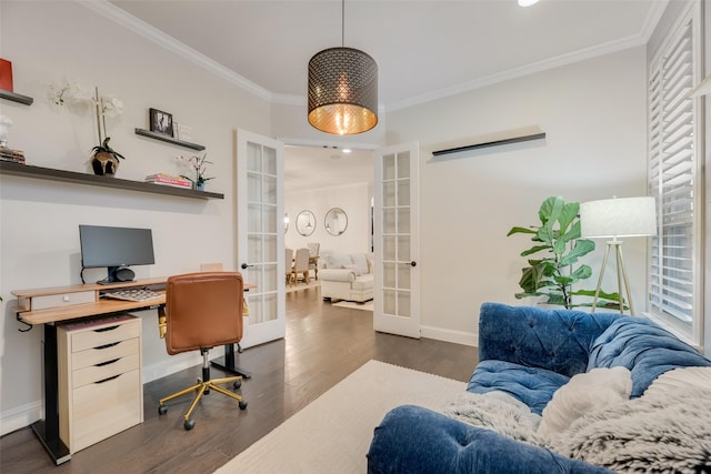 office featuring ornamental molding, baseboards, recessed lighting, french doors, and dark wood finished floors