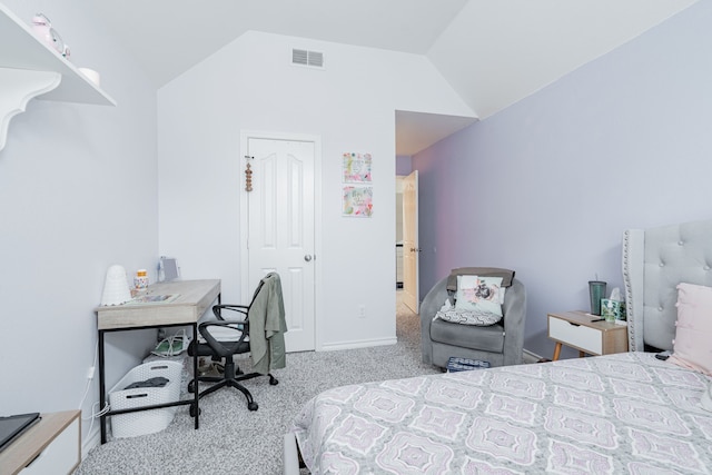 carpeted bedroom featuring visible vents, baseboards, and lofted ceiling