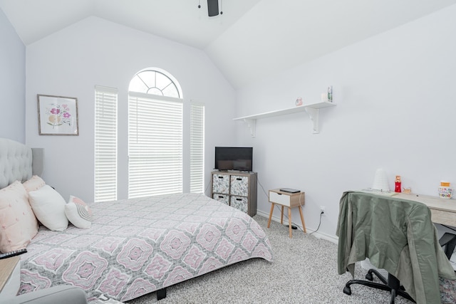 bedroom with baseboards, carpet, ceiling fan, and lofted ceiling