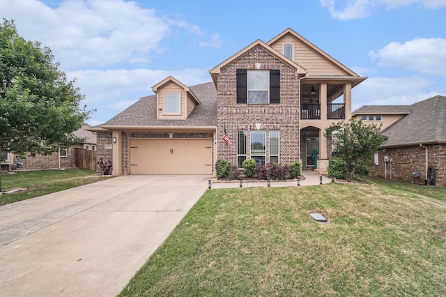 traditional home featuring brick siding, a balcony, a garage, and driveway