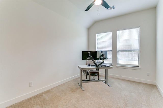 office with light colored carpet, a ceiling fan, baseboards, and vaulted ceiling