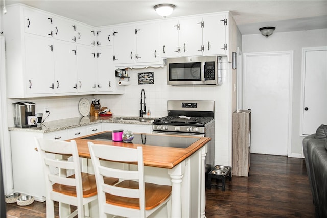 kitchen featuring dark wood-style floors, appliances with stainless steel finishes, decorative backsplash, and a sink