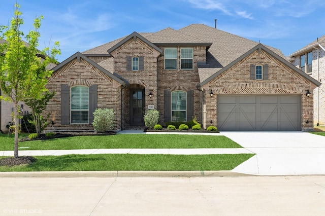 french country style house featuring driveway, a garage, brick siding, a front lawn, and a shingled roof