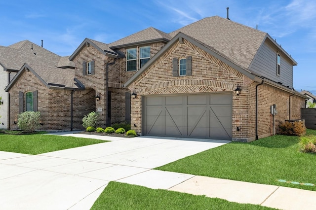 view of front of home with brick siding, roof with shingles, a front yard, and concrete driveway