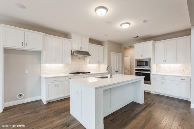 kitchen with a sink, decorative backsplash, appliances with stainless steel finishes, and under cabinet range hood