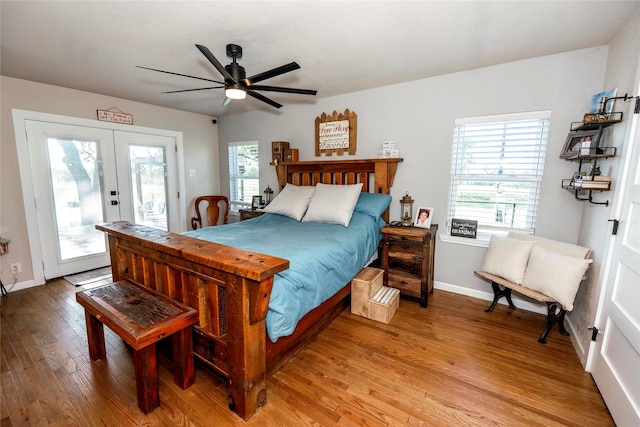 bedroom featuring ceiling fan, french doors, access to exterior, baseboards, and light wood finished floors