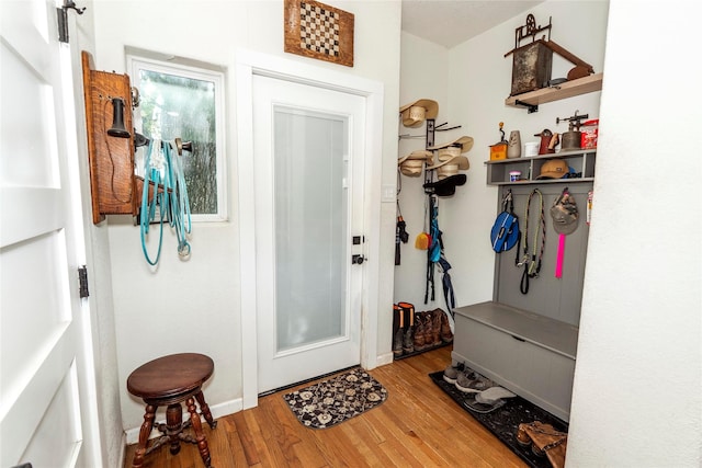mudroom with baseboards and wood finished floors