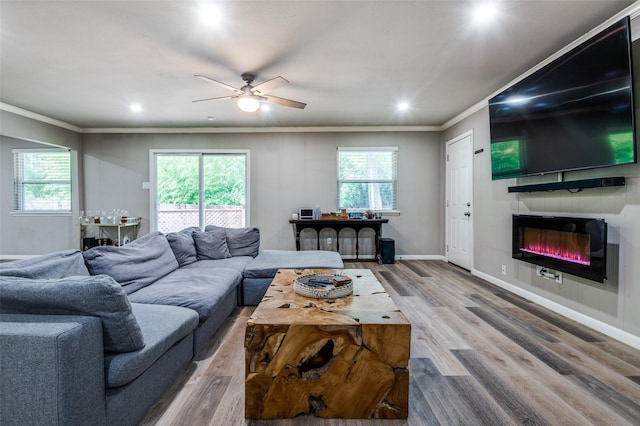 3467 Navajo Cir, Dallas, TX 75224 - living area with a glass covered fireplace, crown molding, ceiling fan, wood finished floors, and recessed lighting