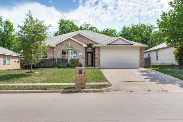 ranch-style home featuring a garage, concrete driveway, a front lawn, and brick siding