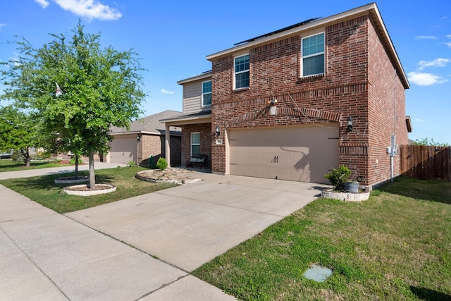 1320 Corkwood Dr, Princeton, TX 75407 - traditional-style house featuring fence, a front lawn, brick siding, a garage, and driveway