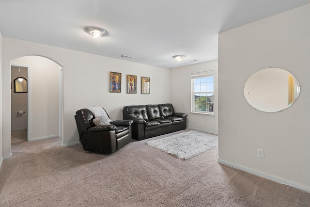 1320 Corkwood Dr, Princeton, TX 75407 - living area with carpet flooring, arched walkways, baseboards, and visible vents