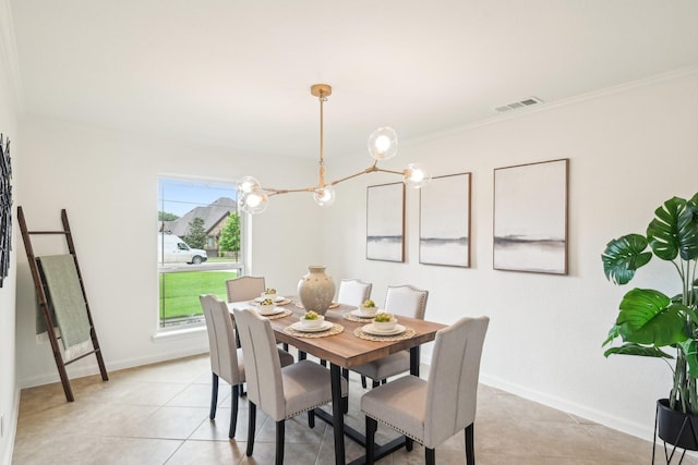 dining area with crown molding, light tile patterned flooring, a chandelier, baseboards, and visible vents