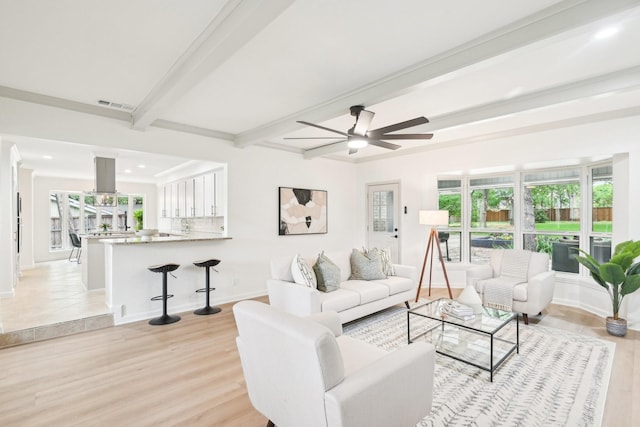 living room with ceiling fan, light wood finished floors, baseboards, beamed ceiling, and visible vents