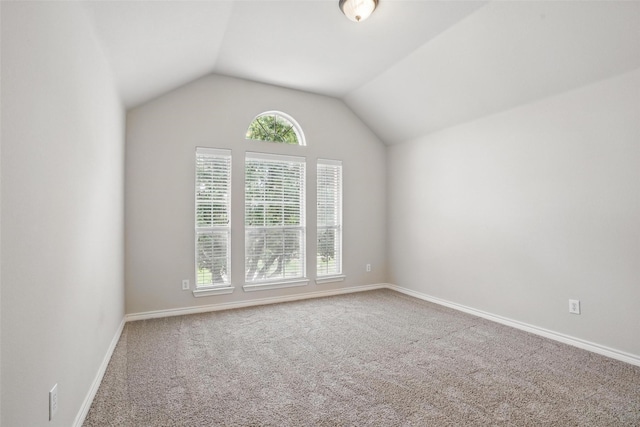 carpeted empty room featuring baseboards, lofted ceiling, and a wealth of natural light