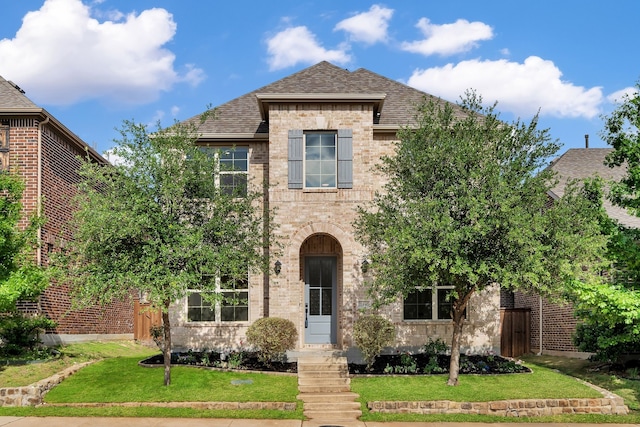 17546 Sequoia Dr, Dallas, TX 75252 - view of front of property with a shingled roof, a front yard, and brick siding
