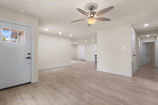 foyer with light wood-style flooring, baseboards, recessed lighting, and a ceiling fan