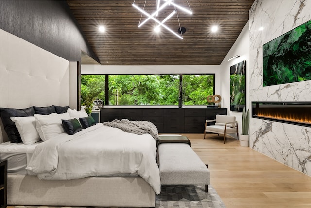 4280 Shorecrest Dr, Dallas, TX 75209 - bedroom featuring wood ceiling, high vaulted ceiling, a fireplace, wood finished floors, and recessed lighting