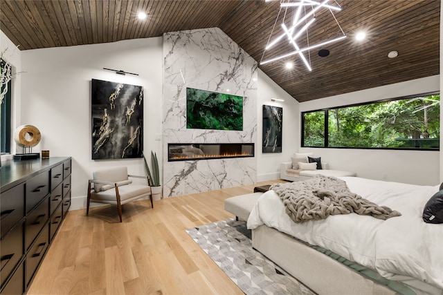 4280 Shorecrest Dr, Dallas, TX 75209 - bedroom featuring wooden ceiling, light wood finished floors, recessed lighting, a premium fireplace, and high vaulted ceiling