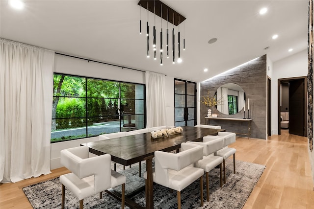 4280 Shorecrest Dr, Dallas, TX 75209 - dining area with recessed lighting, light wood-type flooring, and vaulted ceiling