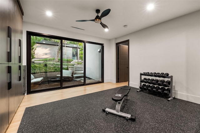 4280 Shorecrest Dr, Dallas, TX 75209 - exercise room featuring ceiling fan, recessed lighting, and light wood-style flooring