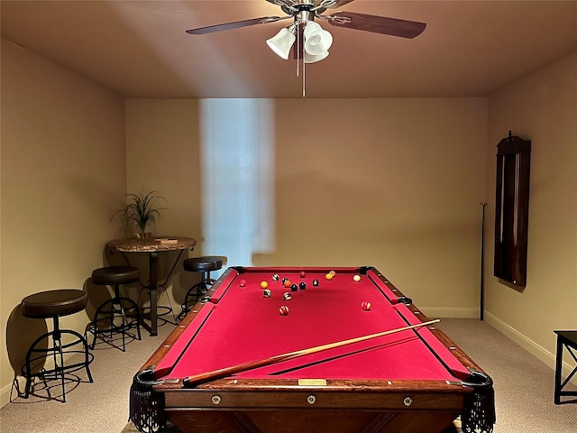 playroom with baseboards, ceiling fan, carpet flooring, and billiards