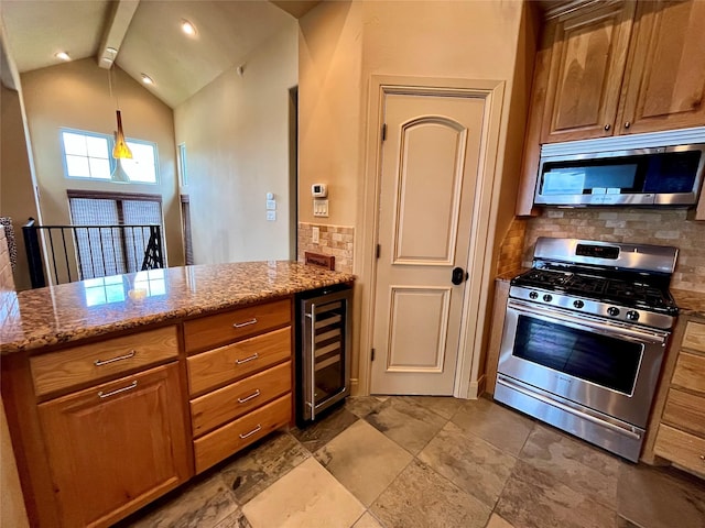 kitchen with stainless steel appliances, decorative backsplash, vaulted ceiling with beams, and wine cooler