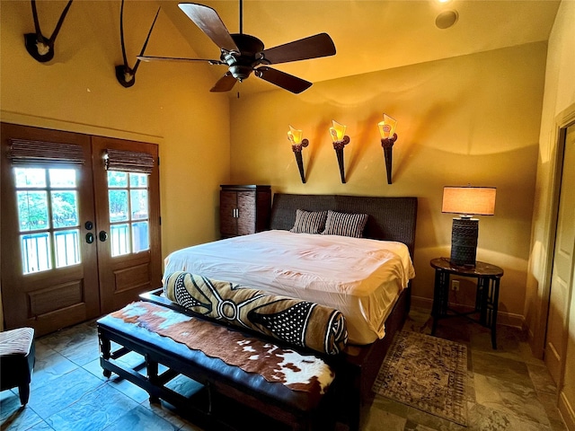 bedroom with ceiling fan, french doors, lofted ceiling, and access to exterior
