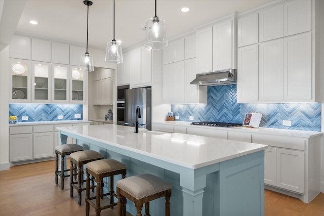 kitchen featuring a sink, stainless steel appliances, white cabinetry, tasteful backsplash, and under cabinet range hood