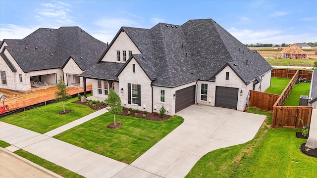 view of front of home featuring driveway, a front yard, brick siding, fence, and an attached garage