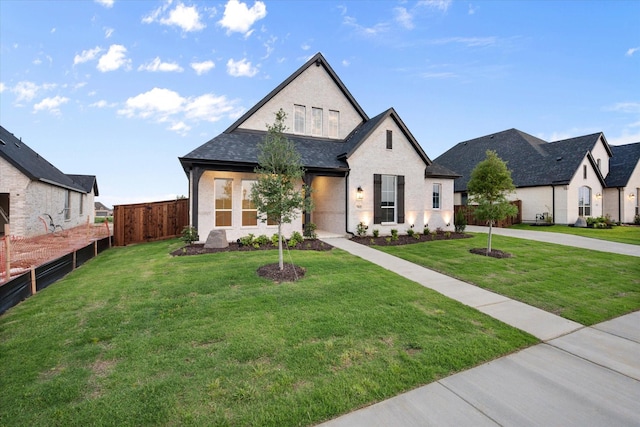 view of front facade with a shingled roof, a front lawn, and fence
