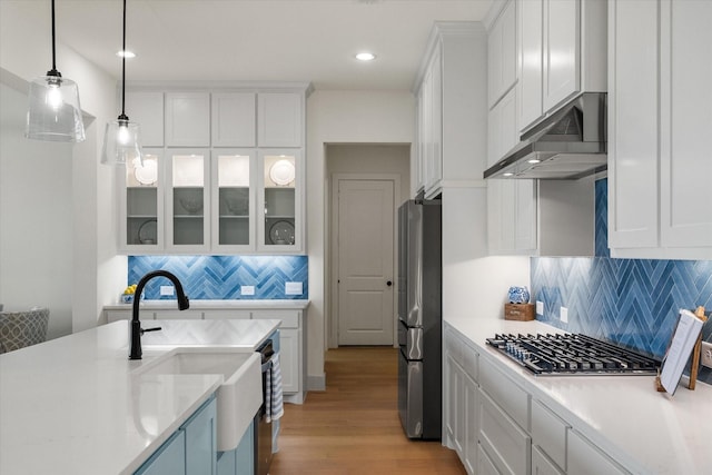 kitchen with a sink, white cabinetry, under cabinet range hood, and stainless steel appliances