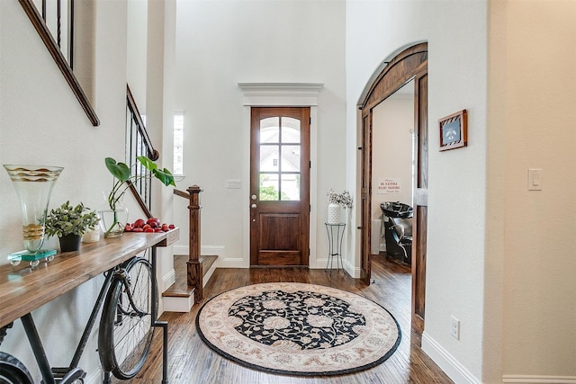 foyer with baseboards, dark wood finished floors, and a high ceiling