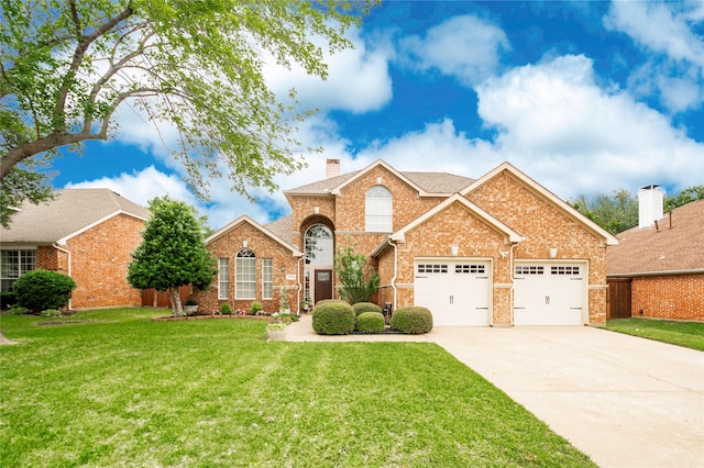 traditional-style home with a front lawn, driveway, a chimney, and a garage