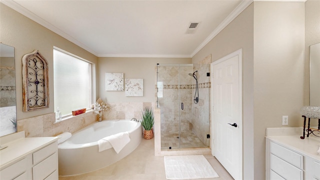bathroom featuring a shower stall, a bath, vanity, and ornamental molding