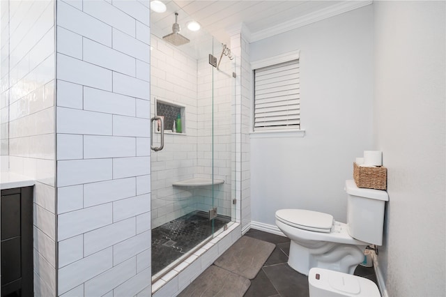 11330 Hillcrest Rd, Dallas, TX 75230 - bathroom with toilet, ornamental molding, and a stall shower