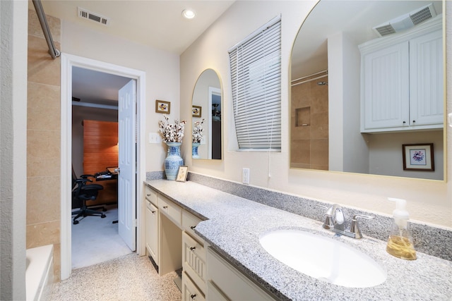 11330 Hillcrest Rd, Dallas, TX 75230 - bathroom with a tub, vanity, visible vents, and tiled shower