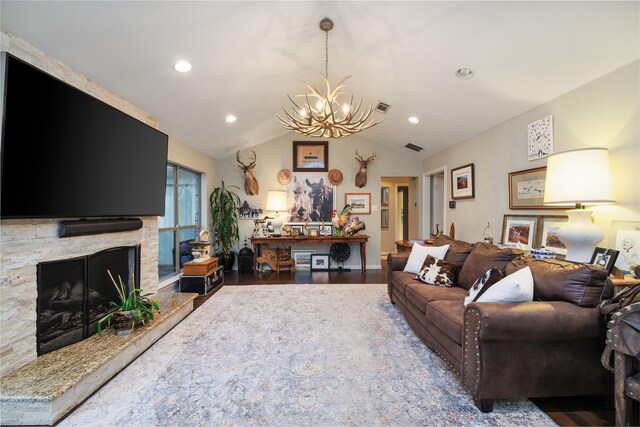 11330 Hillcrest Rd, Dallas, TX 75230 - living area featuring a chandelier, a fireplace, visible vents, vaulted ceiling, and recessed lighting