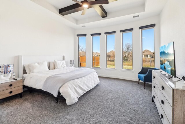 311 Misty Ln, Argyle, TX 76226 - bedroom with a raised ceiling, multiple windows, a ceiling fan, and dark colored carpet