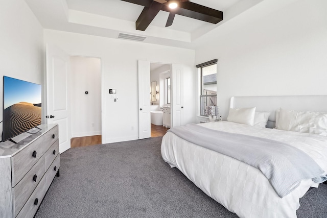 311 Misty Ln, Argyle, TX 76226 - bedroom with connected bathroom, carpet, a ceiling fan, a tray ceiling, and visible vents