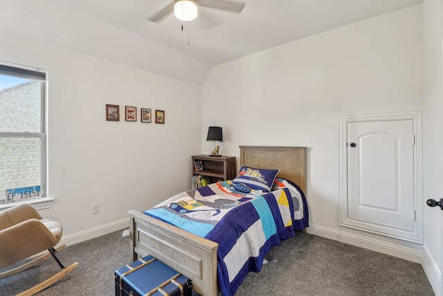 311 Misty Ln, Argyle, TX 76226 - bedroom featuring dark colored carpet, baseboards, ceiling fan, and vaulted ceiling