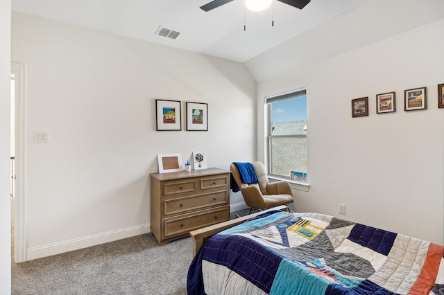 311 Misty Ln, Argyle, TX 76226 - bedroom with visible vents, baseboards, ceiling fan, light colored carpet, and vaulted ceiling